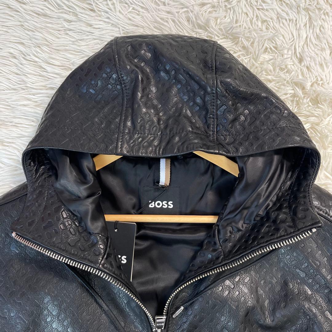 未使用タグ付/XXLサイズ/現行●HUGO BOSS レザージャケット エンボス