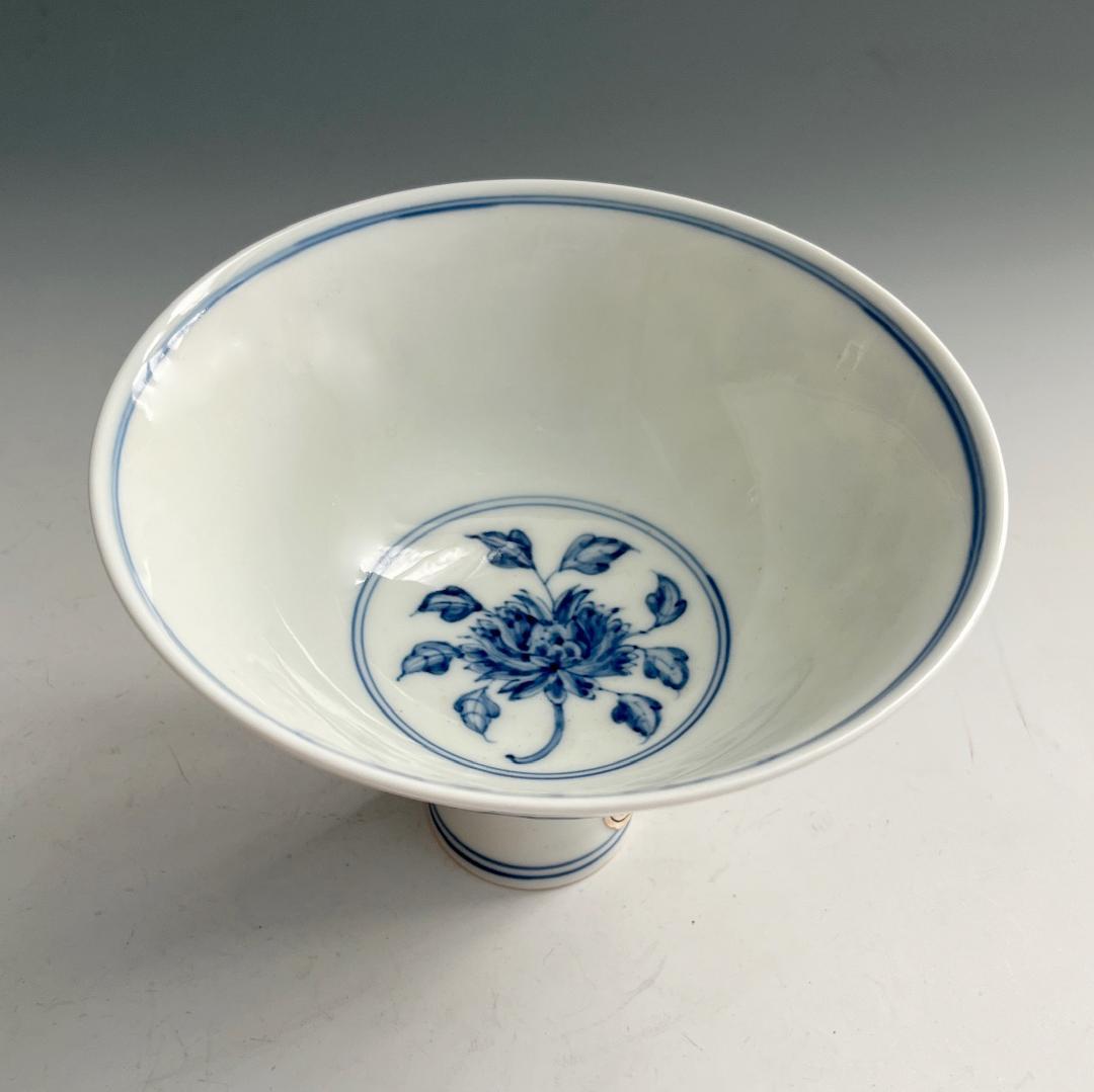 唐物 青花花紋高足杯 馬上杯 大明成化年製 款 中国美術 古玩 SN762