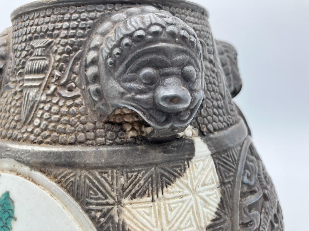 【中国美術】『黒陶四耳唐子図壺』　高さ：２３ｃｍ　花瓶　花生　置物　黒釉