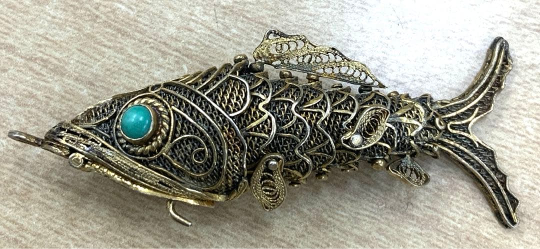 アンティーク　ビンテージ　フィリグリー　ネックレストップ　シルバー刻印　魚