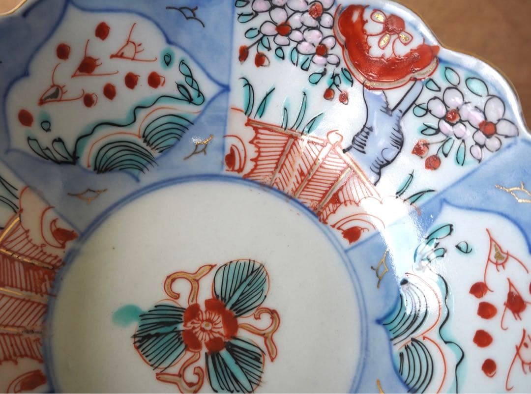 ぴんちゃん 時代伊万里 色絵印判金彩 3羽の鳥 花生垣文 大なます皿 3客