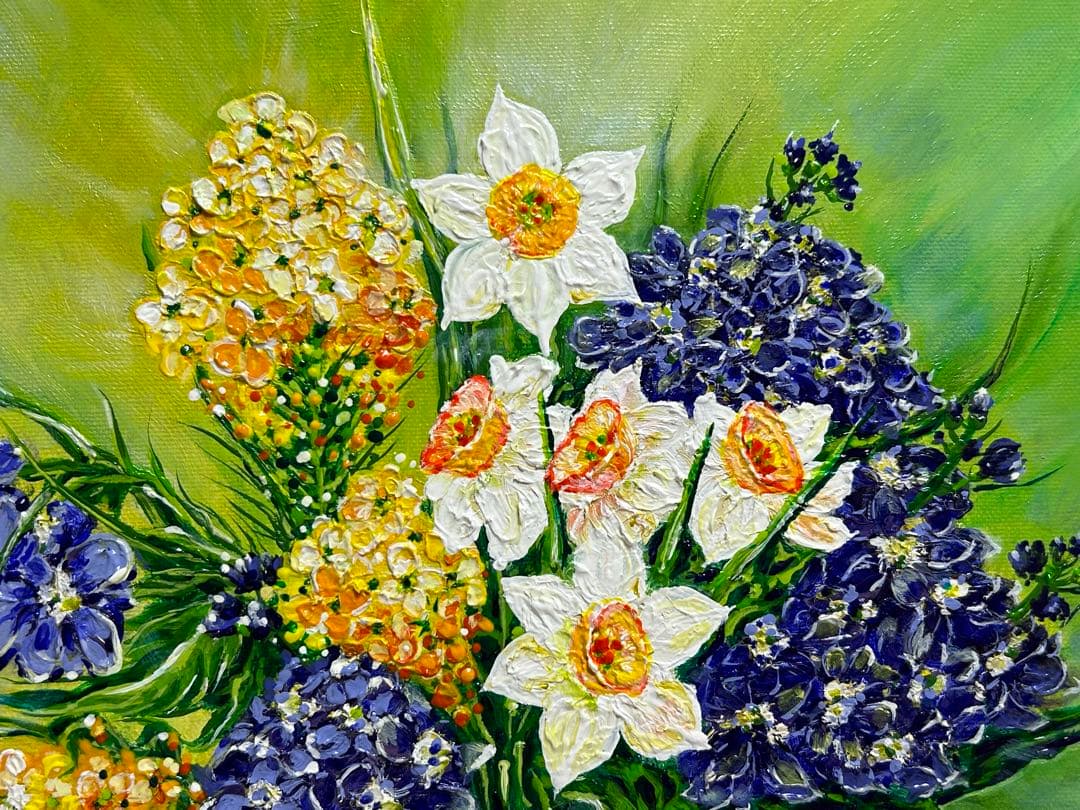 新しい一日 油彩 油画 SH16 R6 F6  (菜の花・水仙・ビオラ)