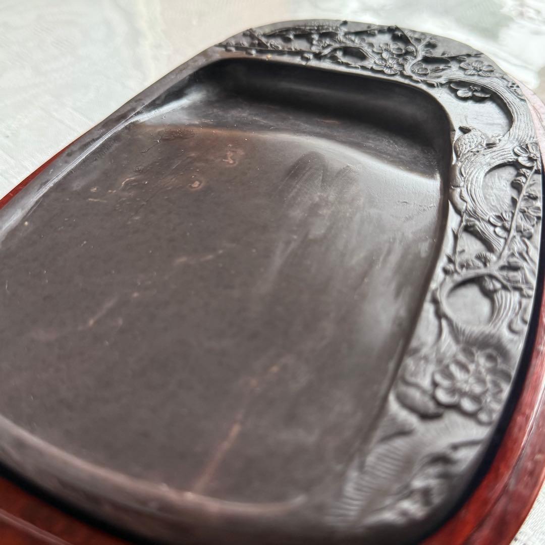 超限定出品18日20時‼️旧家蔵出端渓硯『梅雀陽刻硯』」唐木箱と蓋証明書付1点⑤