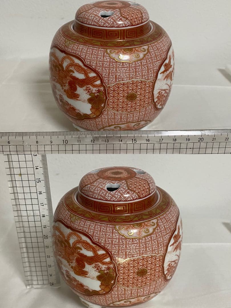 「九谷武山」　福島武山　赤絵細密画　人物・鳳凰・山水図三ツ足香炉 / 九谷焼