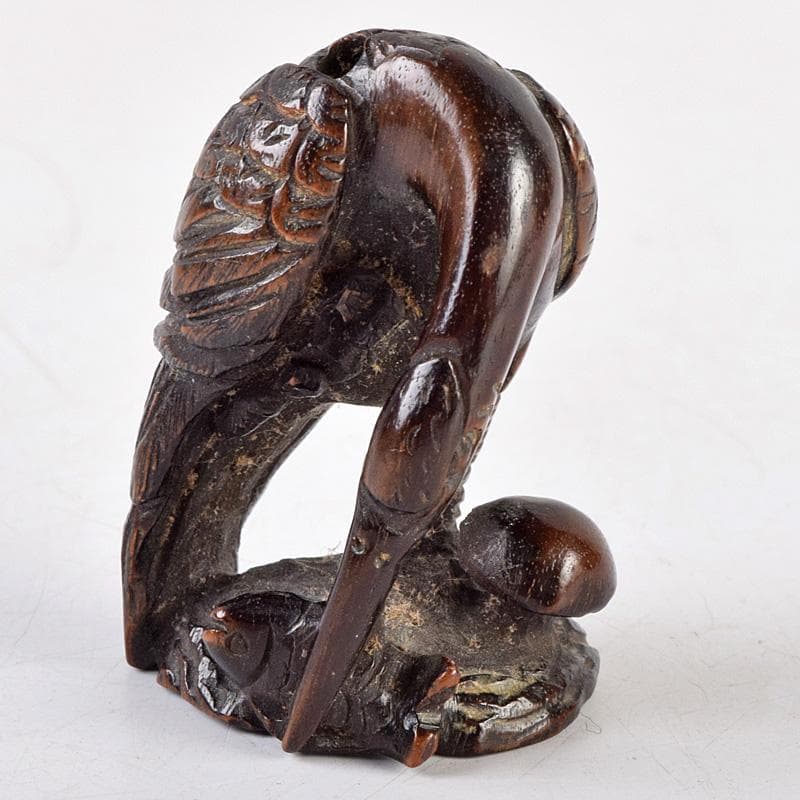 時代提げ物　唐木紫檀彫刻　鶴魚　置物　根付　C　R9308