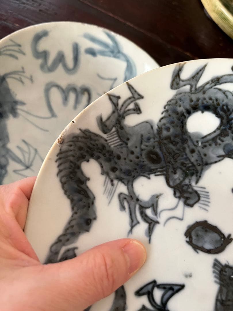 中国骨董　明代 青花 染付 龍紋皿 ショウ州 呉州染付 スワトウ 古染付 6寸皿