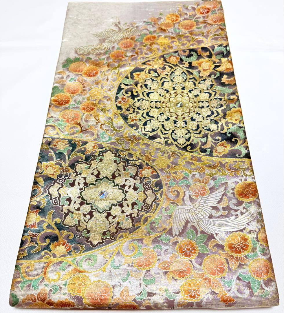 高級 袋帯 正絹 お太鼓柄 シルバー 金彩加工 花文様 ラメ 訪問着 付け下げ