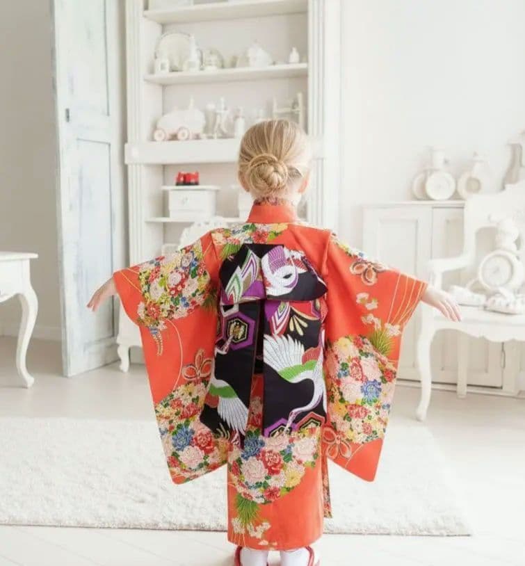 アンティークオレンジに花薬玉の着物と作り帯☆2歳から3歳