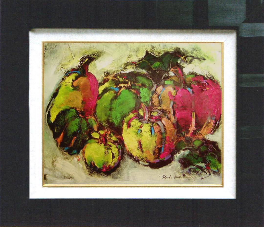 油絵 絵 絵画インテリア 額付(青緑＋金色の枠) uF6-061404 静物果物