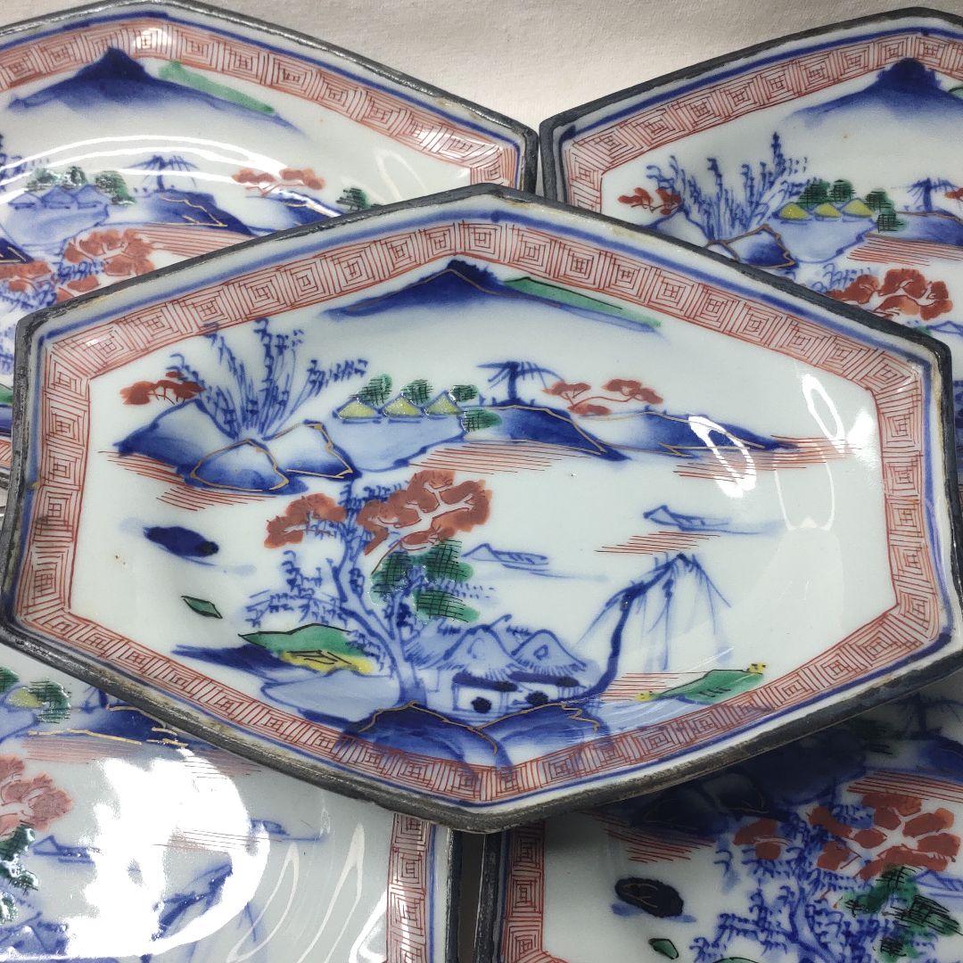 九谷焼六角皿 明治期 色絵 染付山水図 手描き陶芸品 旧家蔵出 アンティーク