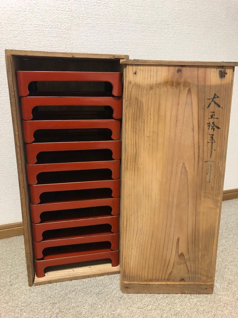 ミニお膳　アンティーク 10膳セット　木製収納箱付き　骨董品