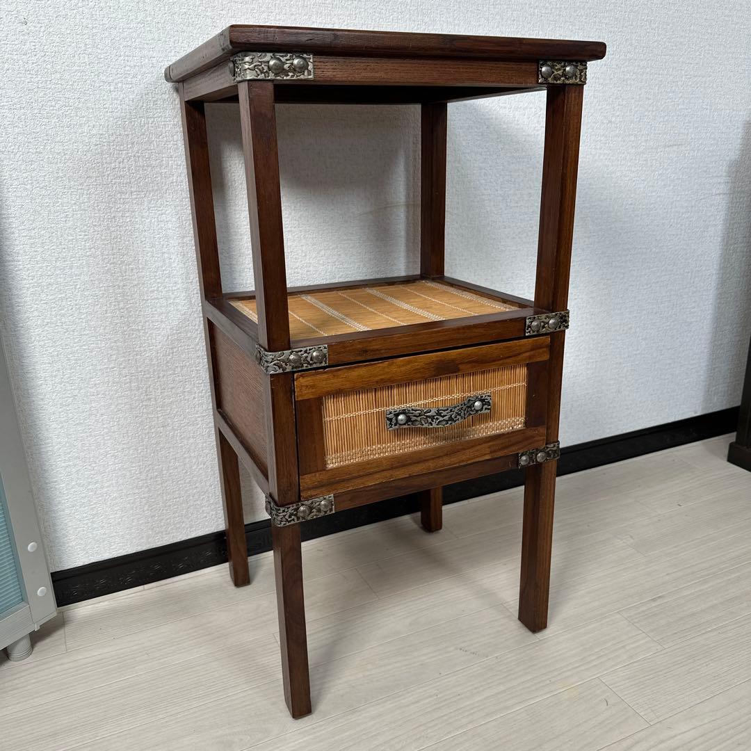 アジアン 民芸 簾 金属取手 金具 鋲打 電話台 花台 サイドテーブル i1※