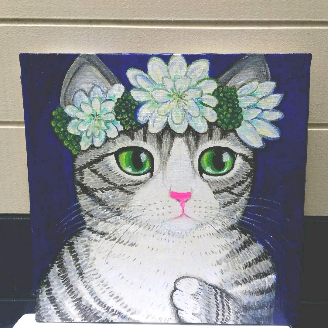 油絵　専用　花冠の猫　サバトラ白ちゃん