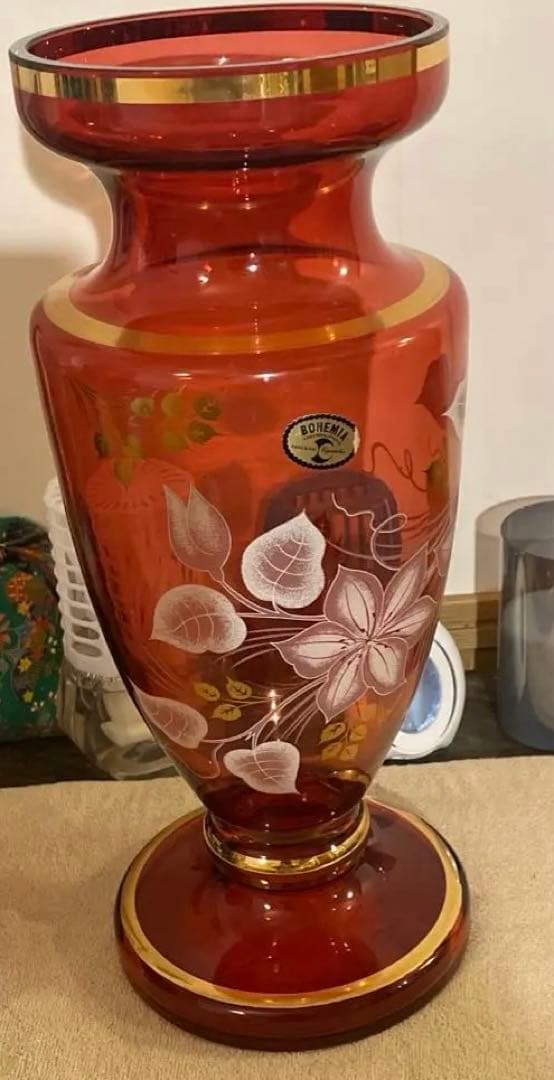 最終価格未使用BOHEMIA ◆【花器】ボヘミア/手描き フラワーベースボルドー