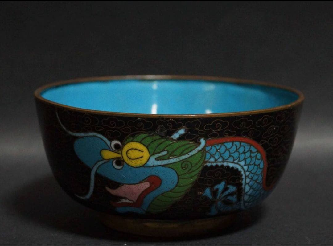 明治期 銅製 七宝焼 金彩色絵『龍戯珠文』茶碗 抹茶碗 茶道具☆時代物☆