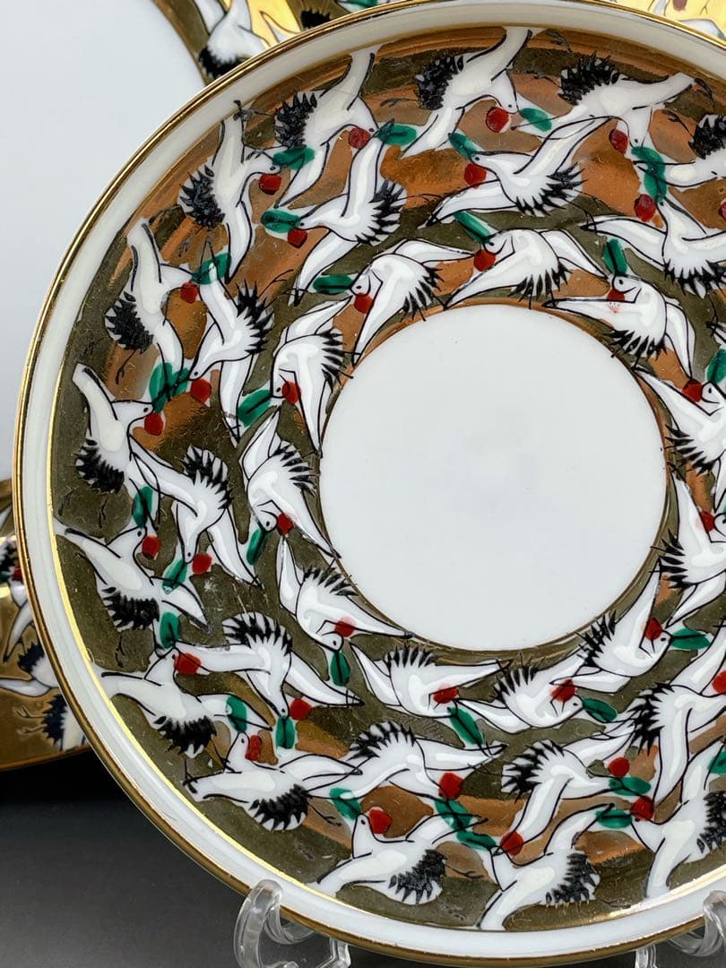 【希少】九谷焼 1000クレーン 鶴 カップ ソーサー 2プレート セット