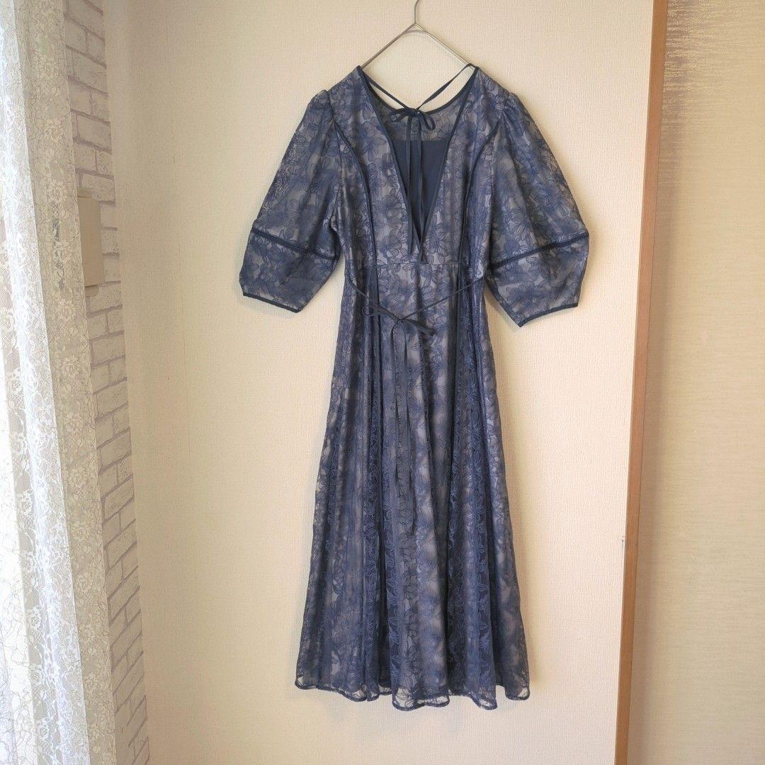 美品 GIRL パフスリーブ レース マキシドレス L 大きい ゆったり 結婚式