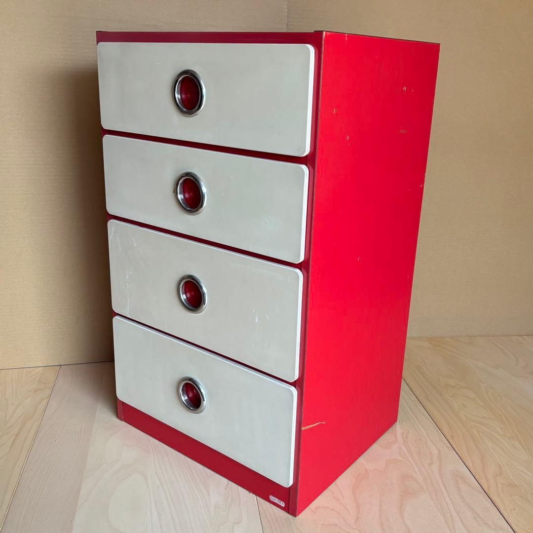 昭和レトロ レトロポップ チェスト 赤 白 整理棚 引き出し4段 タンス 木製