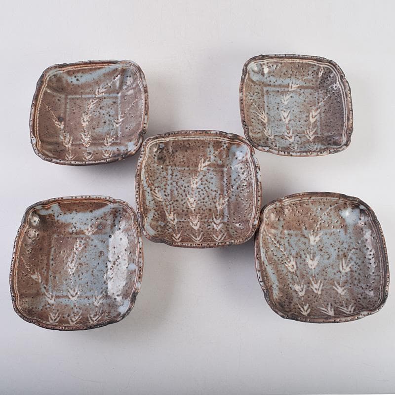 和食器　美土里窯　鼠志野　草文　向付　五客　共箱　M　R9246B