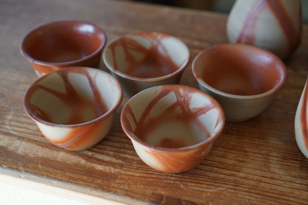 KCK604 備前焼 煎茶椀 湯呑み 一輪挿し 徳利 10客 在銘 伝統工芸品