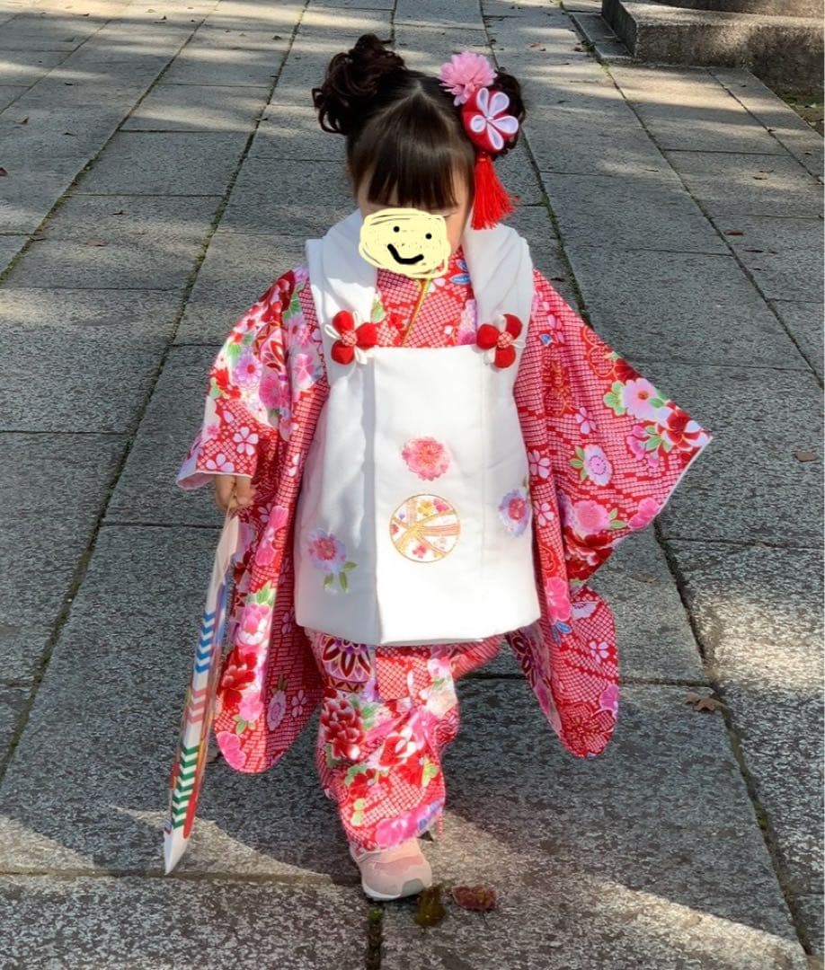 【七五三 3歳 女の子】京都花ひめ 8点フルセット 被布疋田柄 赤白ピンク