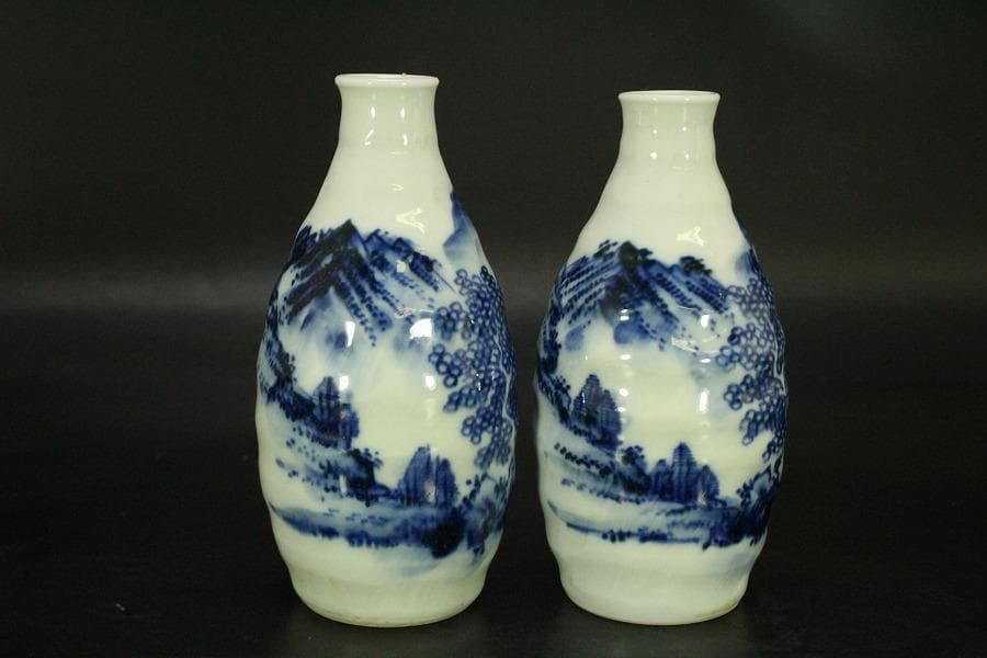 清水六兵衛 染付 山水画 瓶 一対(A631)