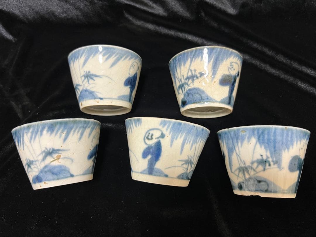 希少江戸時代末期~伊万里 染付 そば猪口 蕎麦猪口ぐい呑 口径8.5x6cm五客