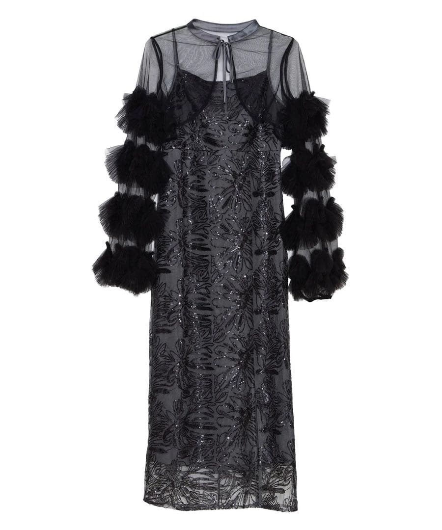 leja レジャ フリルチュールスリーブリボンIラインワンピースドレス