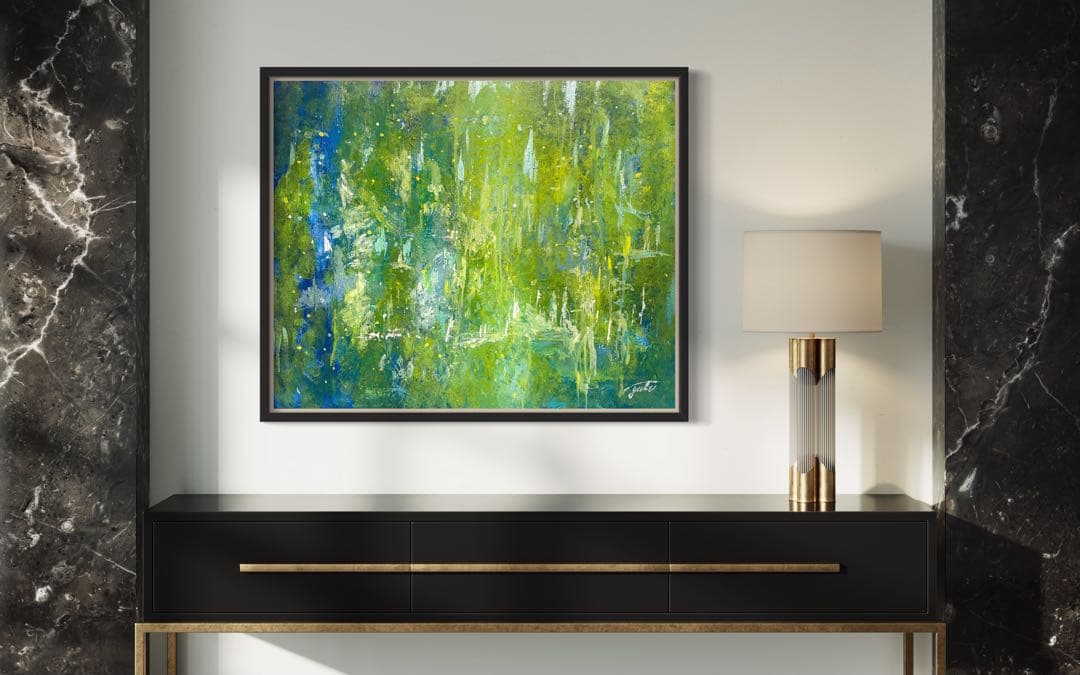 原画　73×60cm「美しき緑の星」現代アート　額縁付