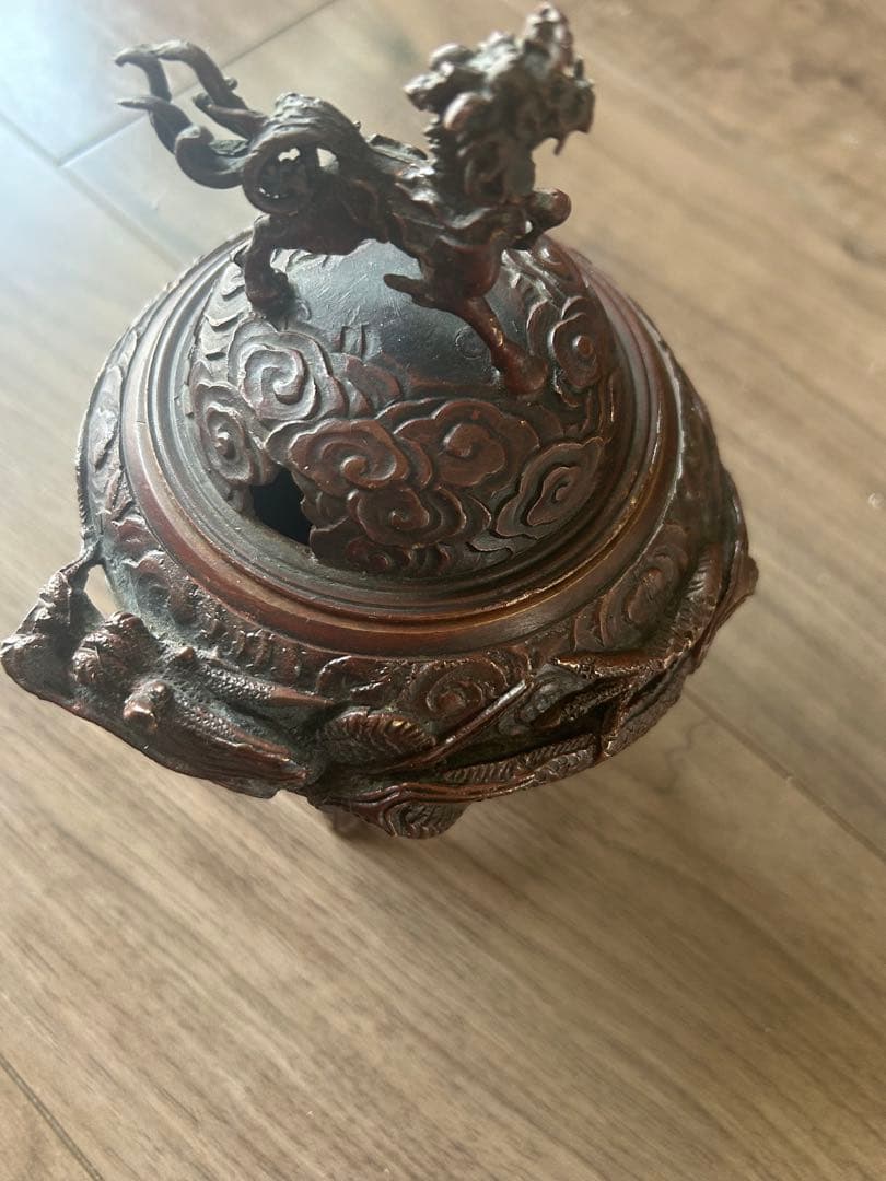 米田秀保 造 鋳銅製 蝋型 麒麟摘 雲龍地文細密彫 三足香炉 茶道具 香道具