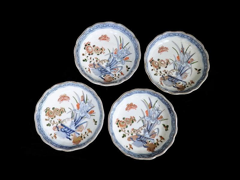古伊万里　染錦　菖蒲に菊の図　４寸半皿　４客　D869AS-BXp