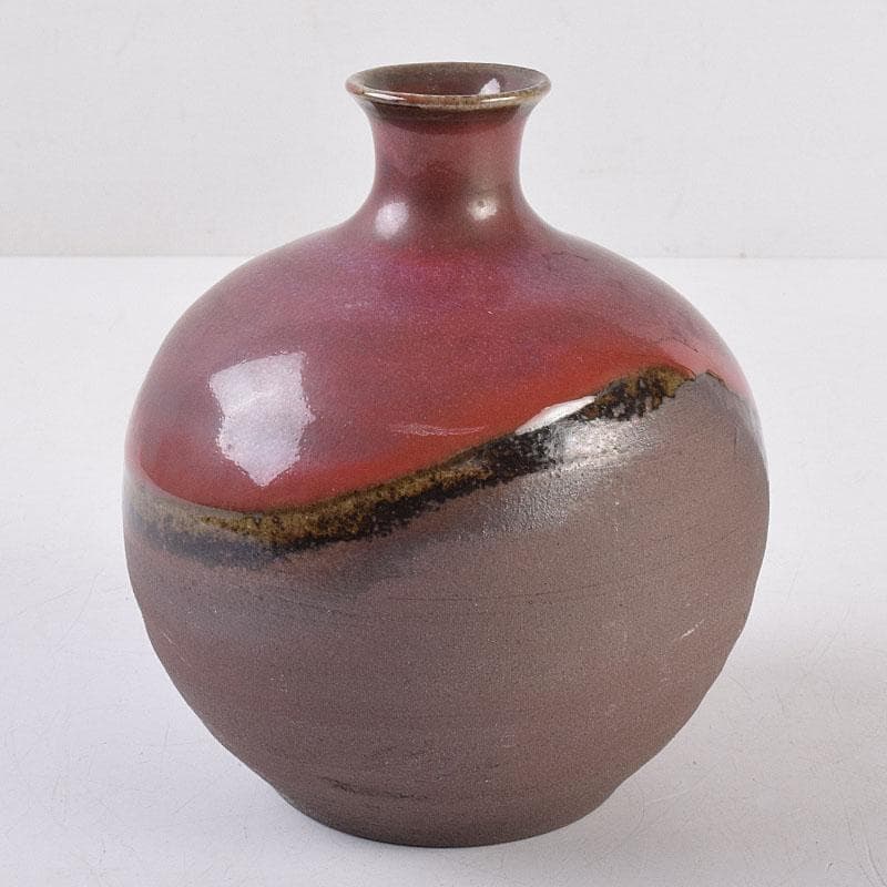 人間国宝　濱田庄司作　辰砂釉　丸壷　共布共箱　V　R8910