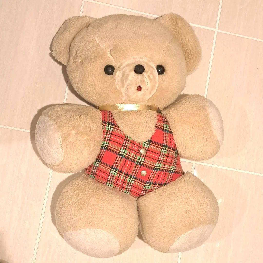 昭和レトロなベージュのチェック柄お洋服のクマ　ヴィンテージ　ビンテージ　当時物