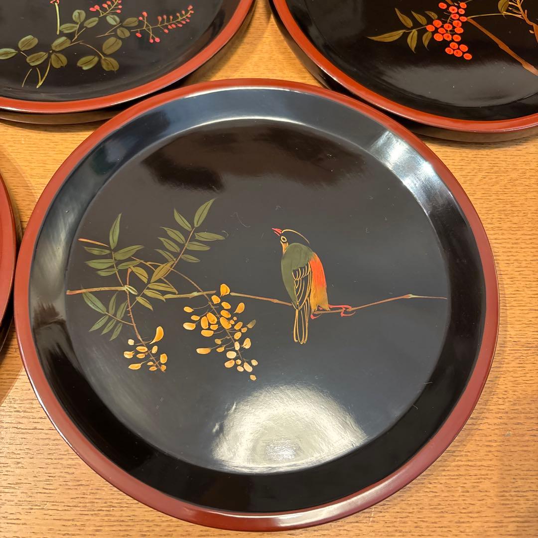 輪島塗 鳥 5枚 別柄 手書き 漆器 昭和初期 新品未使用品
