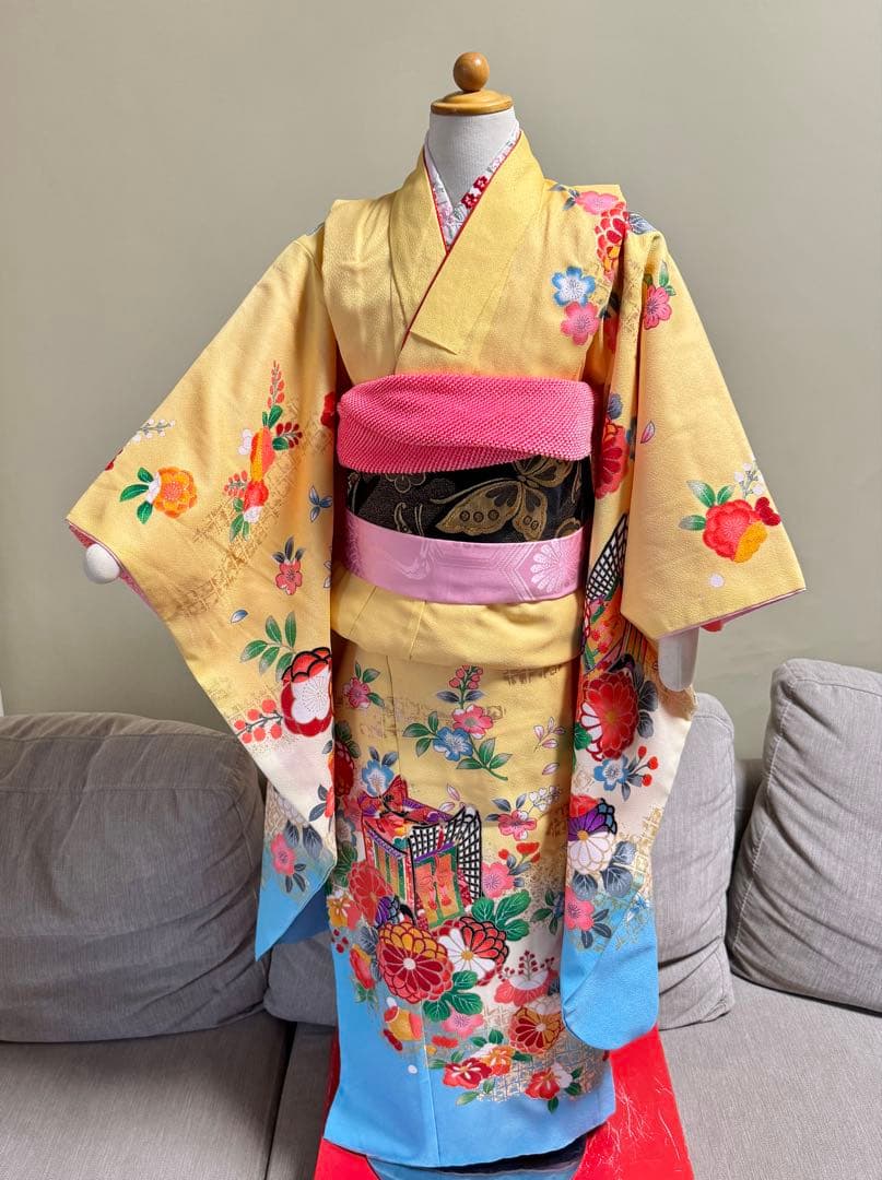 七五三着物帯セット　7歳　黄色　黒系帯