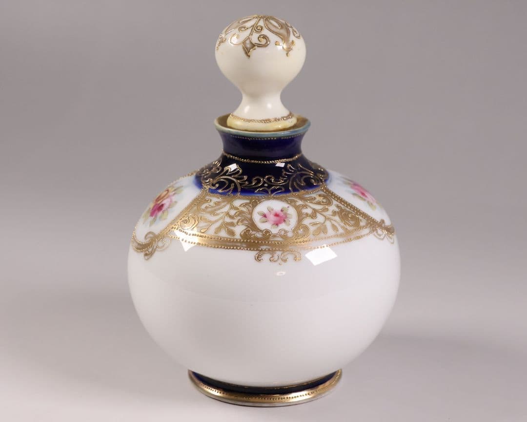 【CM299】オールドノリタケ 花 薔薇 香水瓶 金彩 盛上 パフューム 明治