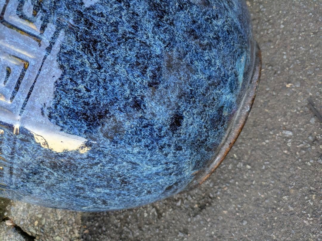 火鉢　青色八角形火鉢 陶器製　特大火鉢　大型火鉢昭和レトロアンテーク睡蓮鉢　水草