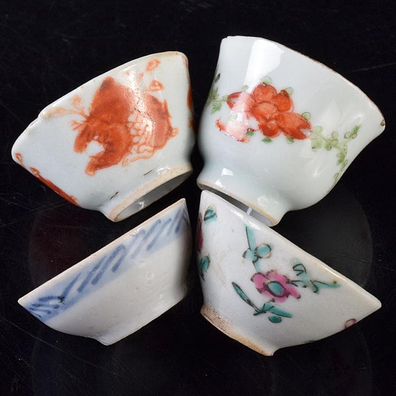 中国　青花山水文　粉彩花文など　盃　12客まとめて　M　R8128