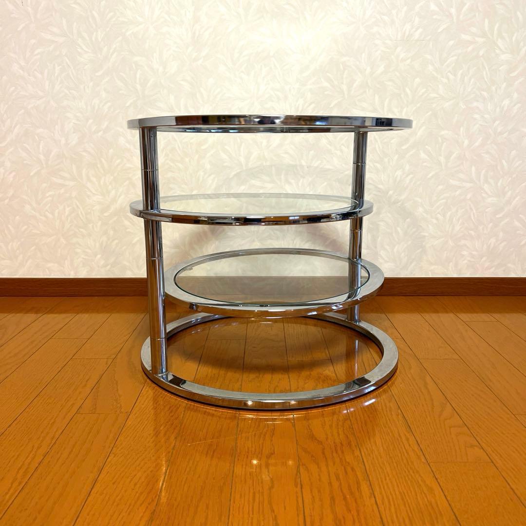 ミッドセンチュリー 丸型 ラウンドテーブル ヴィンテージ 強化ガラス 4段