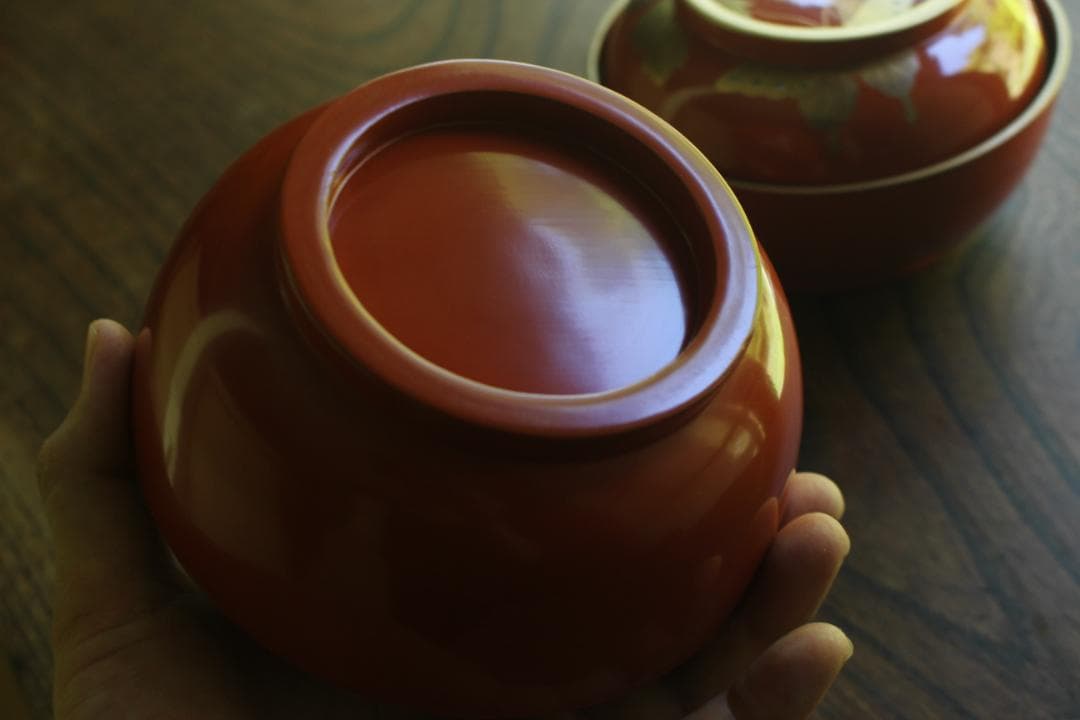 時代逸品！時代金縁朱漆に極上牡丹蝶螺鈿蒔絵の映えるお椀2点（検輪島塗蒔絵椀雑煮椀