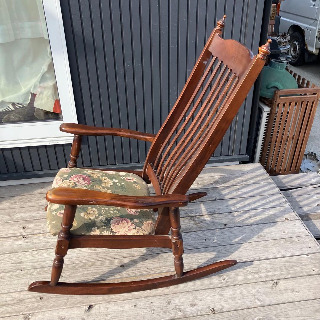 昭和レトロ ヴィンテージ 花柄 木製ロッキングチェア アームチェア 古道具古家具