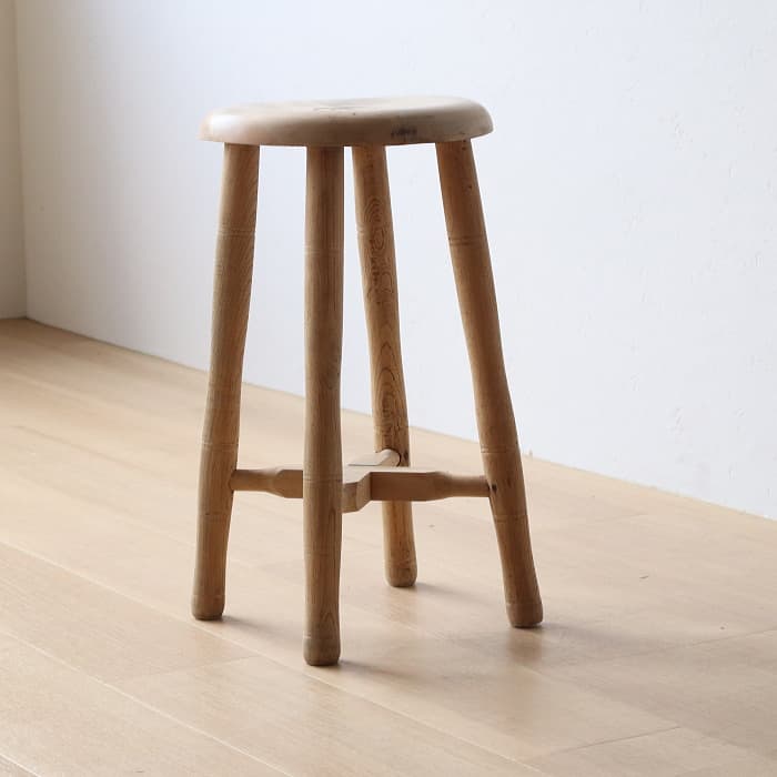 Aアンティーク 木製 無塗装 無垢材 丸スツール 古家具 ブナ タモ