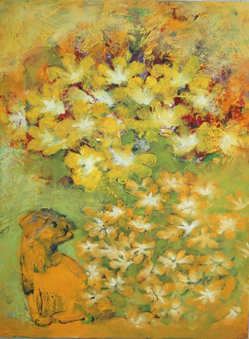 油絵 菅家令子 絵 絵画インテリア 額付(黒) uF6-050220 可愛い子犬