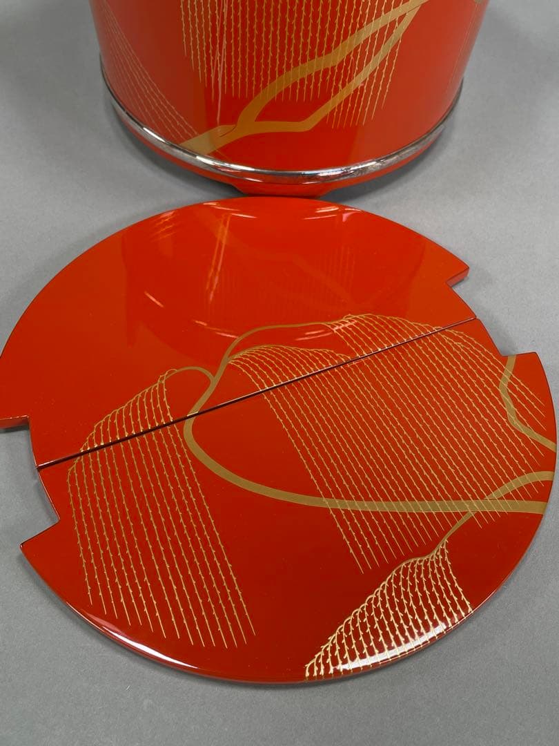 輪島塗 細井正雄作 朱色手桶水指 銀箍 柳蒔絵　布 共箱 茶道具 天然木 漆芸