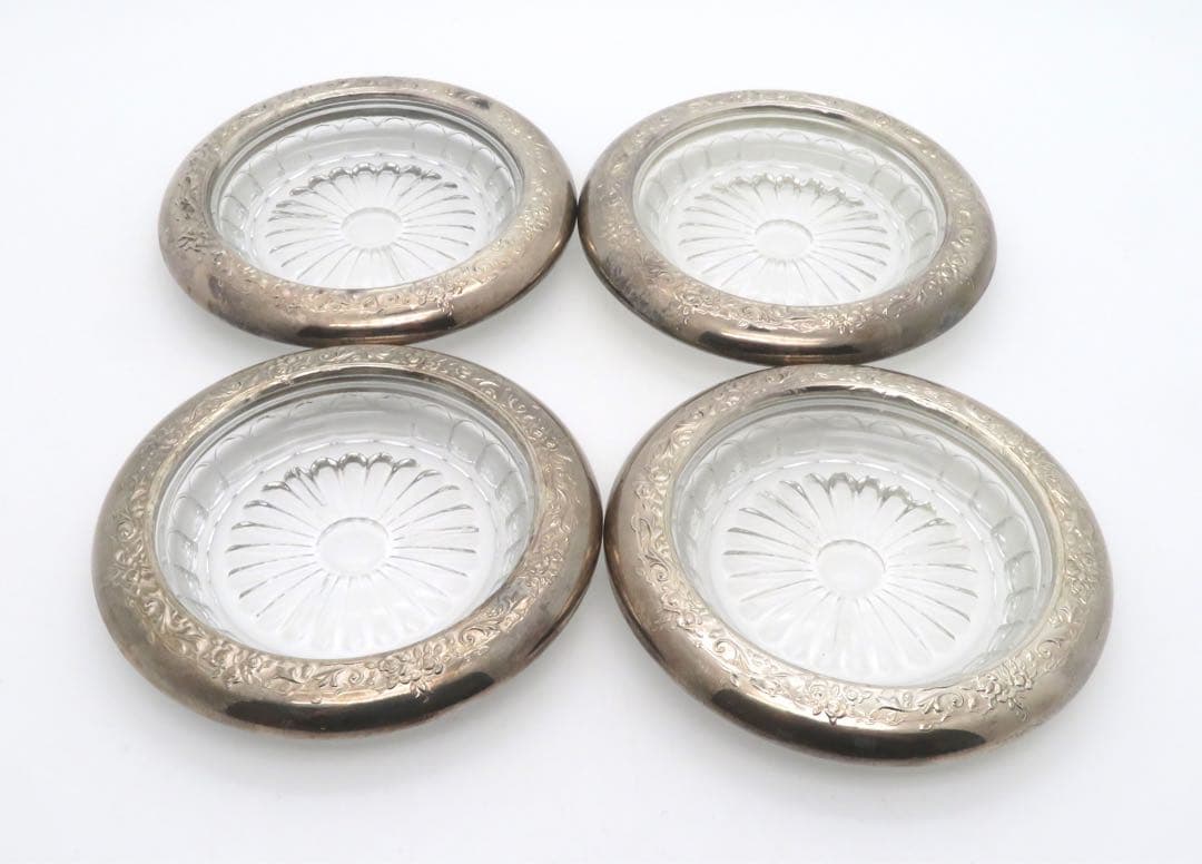 Vintage フローラル 純銀 ドリンクコースター クリスタルガラス4枚セット