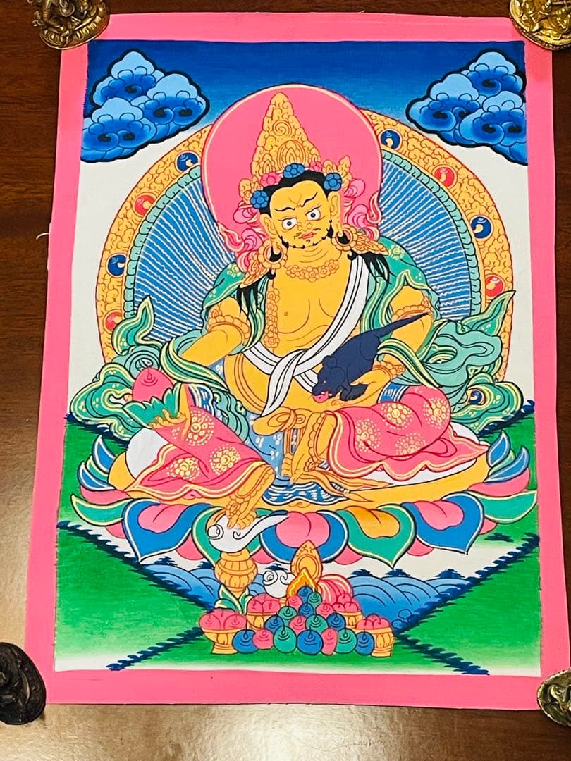 《手描き 肉筆画》宝蔵神 財宝神／ジャンバラ クベラ チベット密教 仏画　a2