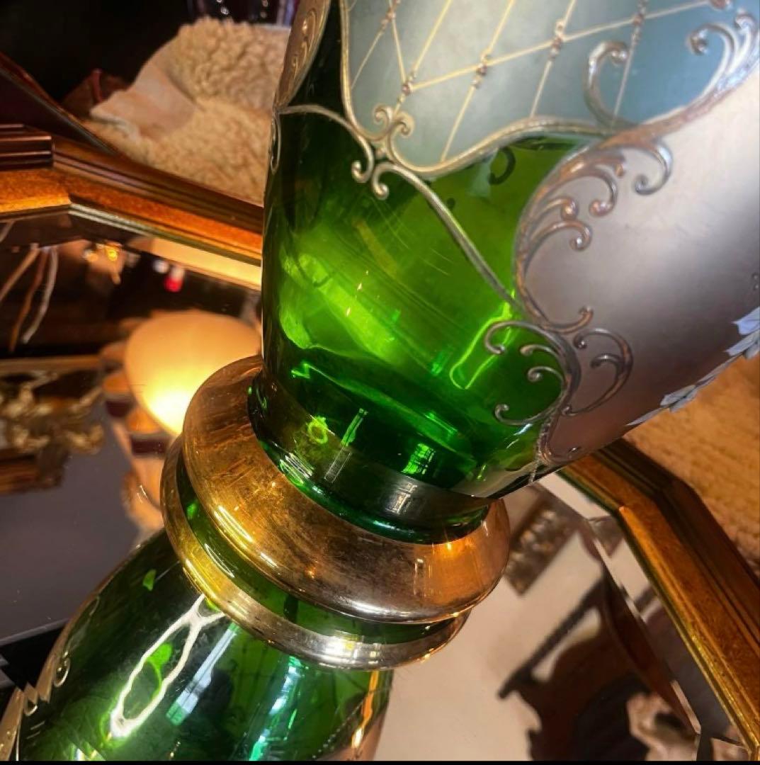 湯布院アンティーク ベネチアンガラス フラワーベース大花瓶 ハンドメイドグリーン