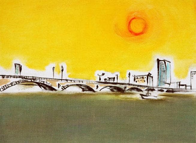 油絵 菅家令子 絵 絵画インテリア 額付(青緑＋金色の枠)F4-090814太陽