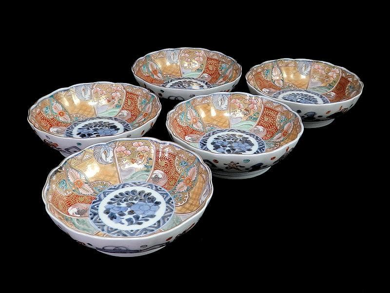 古伊万里　金襴手　松竹梅に鶴亀の図　膾皿　５客　D942AS-BNu