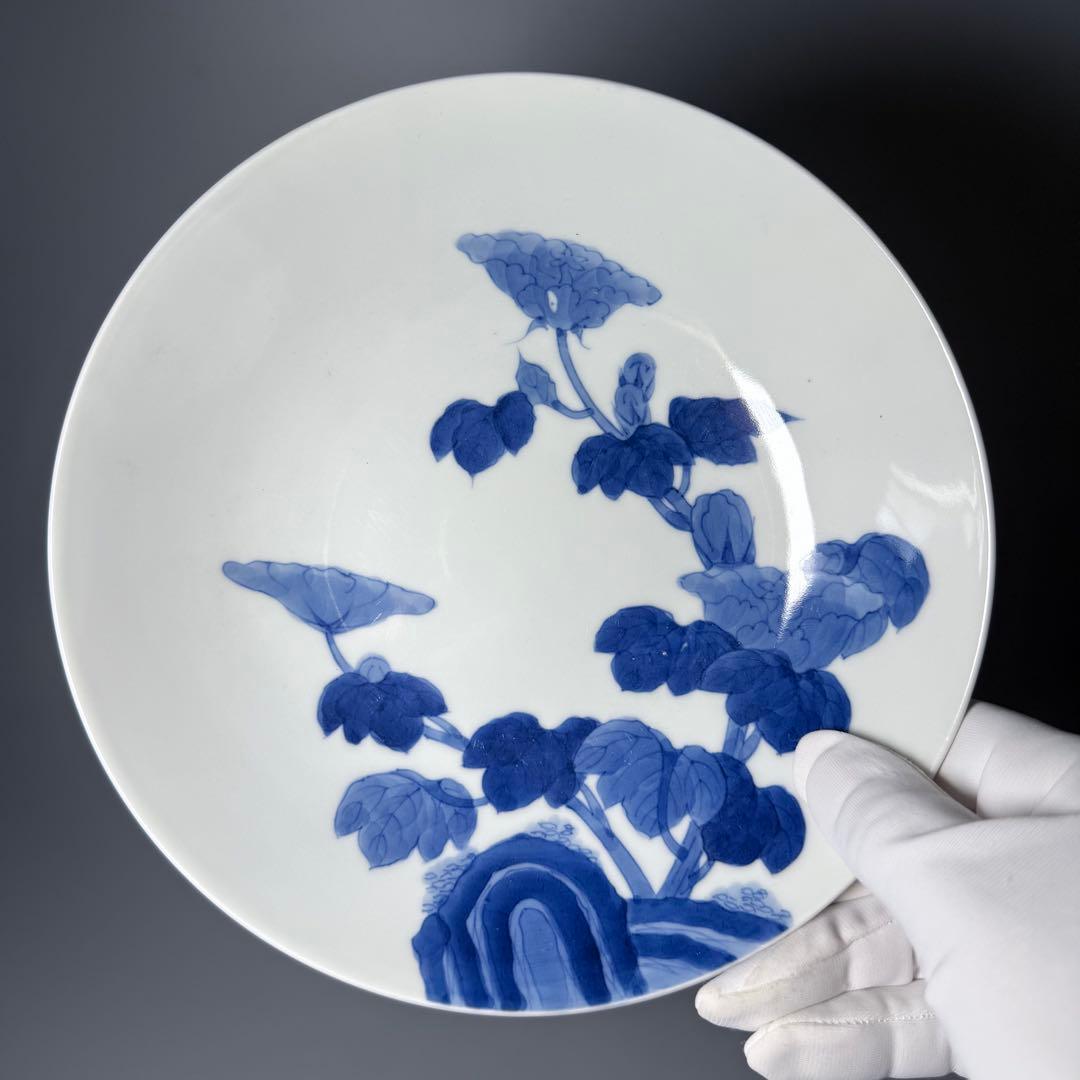 後期鍋島　染付芙蓉文中皿　六客　江戸後期〜明治初期　同手図録掲載品　20.7cm